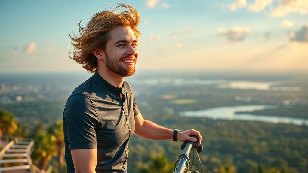 Inspired new cyclist at Orlando scenic lookout, looking over beautiful landscape after finishing beginner trail, with panoramic view of central Florida and city skyline.