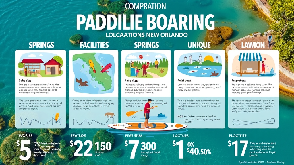 Infographic comparison of five best paddleboarding spots near Orlando, showing facilities and unique features