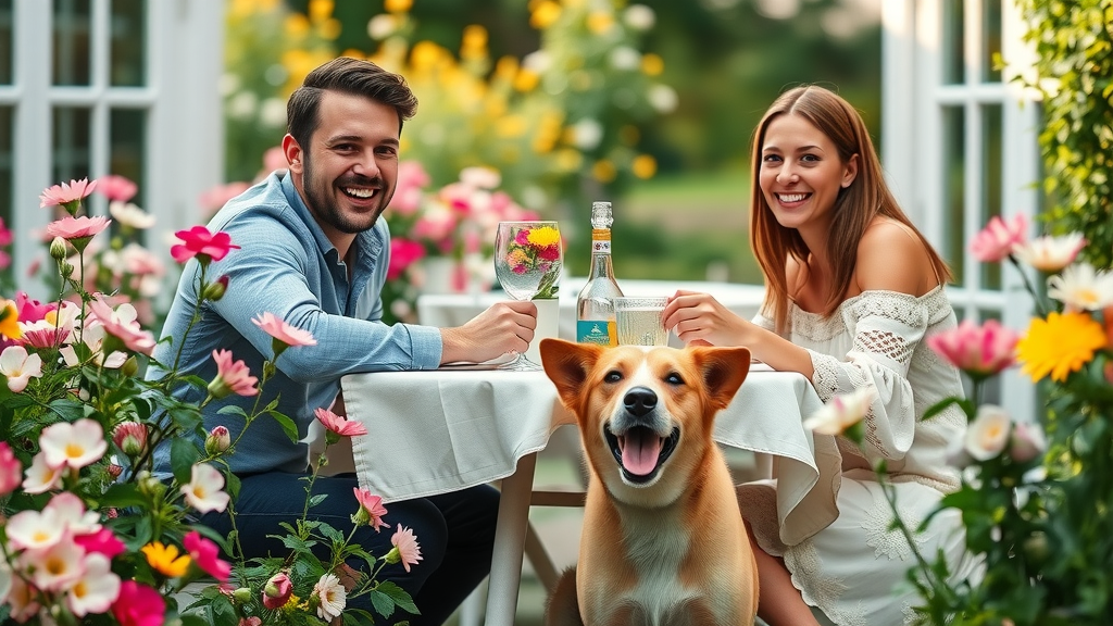 Charming Orlando outdoor dining area with couple, child, and friendly dog under table - dog friendly healthy restaurant patio Orlando