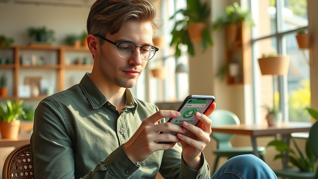 Orlando resident using zero waste app on smartphone in sunny café with green decor. Technology supports sustainable living.