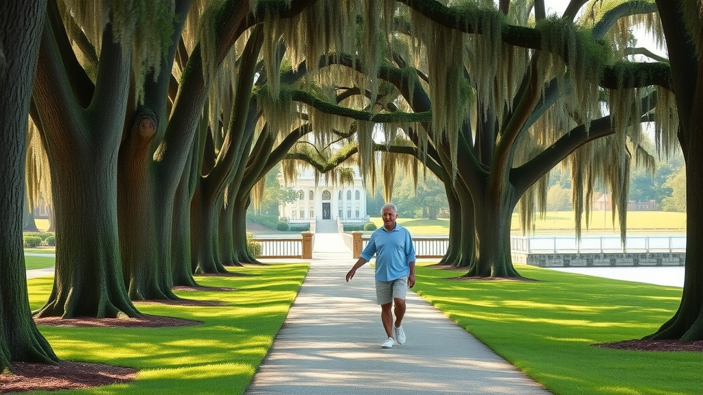 Peaceful Cypress Grove Park path, mature couple strolling beneath cypress trees with Spanish moss, tranquil Orlando lake in background - best parks for walking in orlando