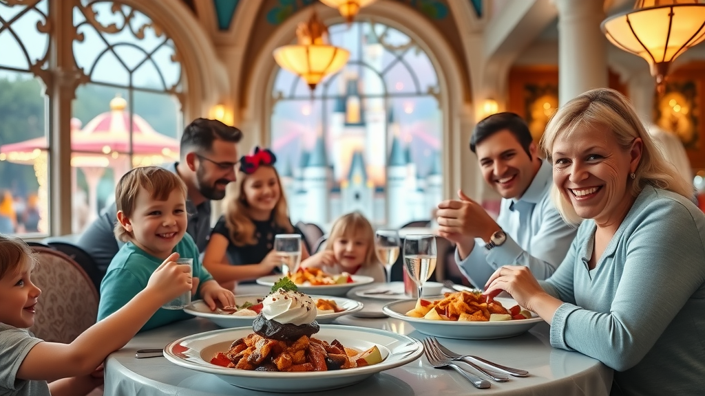 Smiling family at Disney World enjoying gluten free meal in themed restaurant setting