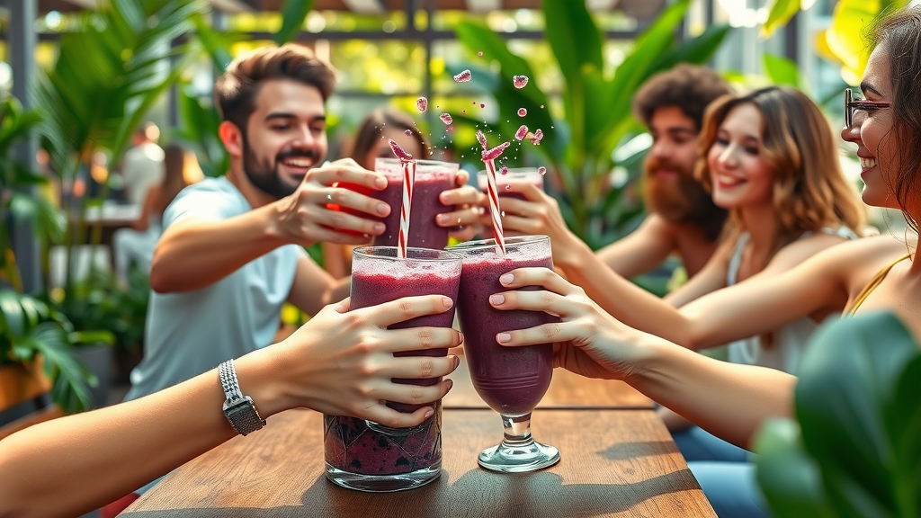 Acai bowls and smoothies on a wooden patio table with tropical plants in Orlando - Purple Ocean healthy food drinks