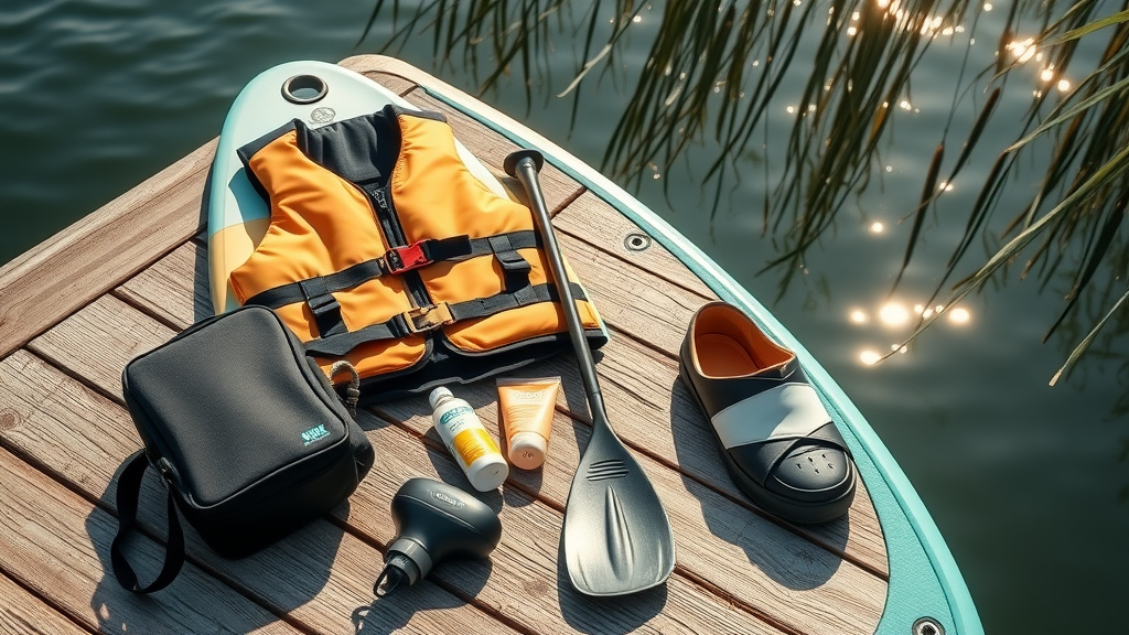 Paddle boarding safety gear checklist, arranged on dock, for paddleboarding spots near Orlando