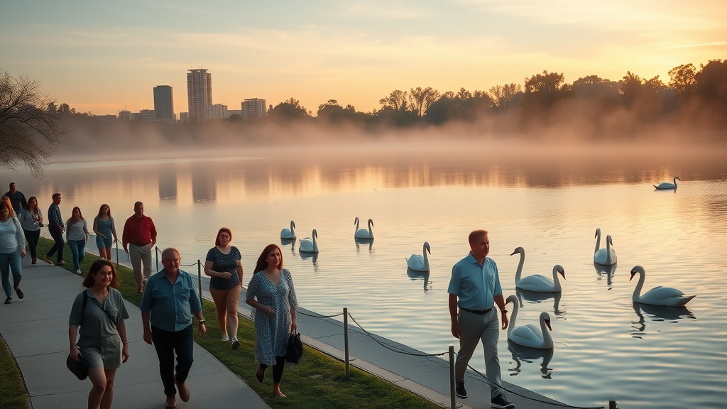 Lake Eola dawn walk—people walking along the lakeside path with swan boats and cityscape in downtown Orlando, Central Florida