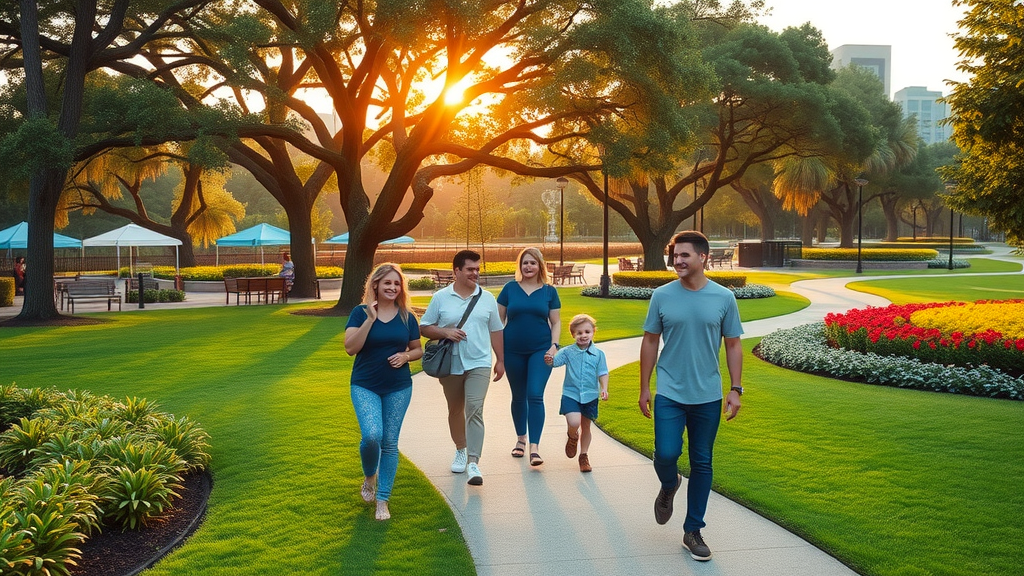 Lush Orlando park at sunrise, families and individuals enjoying a casual stroll along paved walking paths, downtown Orlando cityscape in background, vibrant green foliage - best parks for walking in orlando