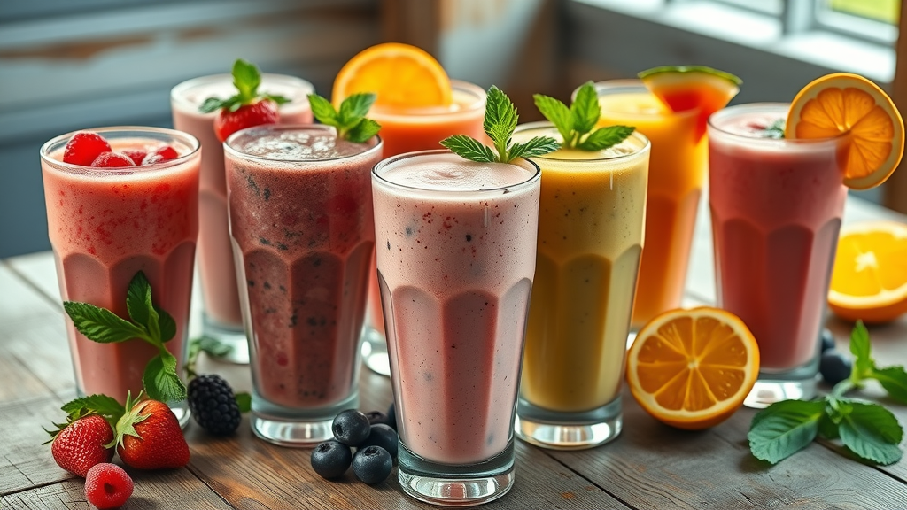 Variety of fresh smoothies with fruit garnishes from Orlando best smoothie shops healthy drinks
