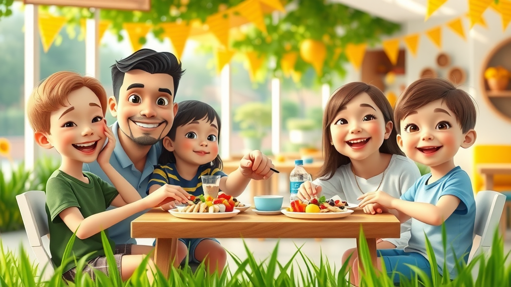 Happy family enjoying healthy meals at a safe, playful outdoor Orlando restaurant patio - kid friendly healthy restaurants in Orlando