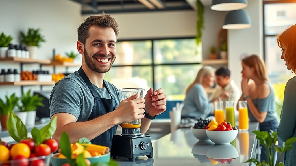 Best Smoothie Shops Orlando vibrant modern smoothie shop juice bar interior with fresh fruit and healthy drinks
