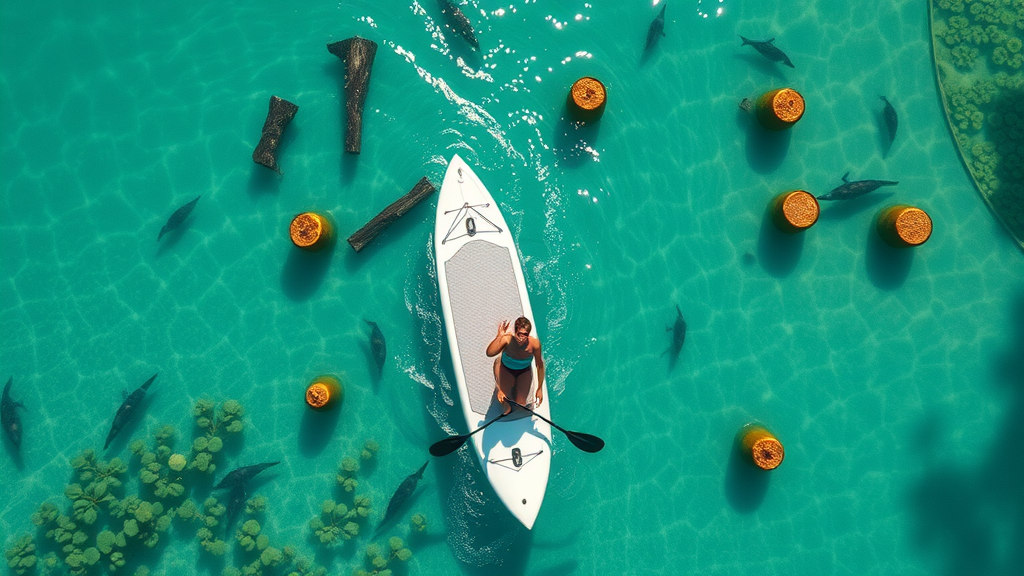 Overhead view of paddleboarder and glass-bottom boat on Silver Springs at paddleboarding spots near Orlando